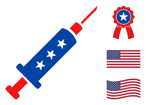 Vaccine syringe icon in blue and red colors with stars. Vaccine syringe illustration style uses American official colors of Democratic and Republican political parties, and star shapes.