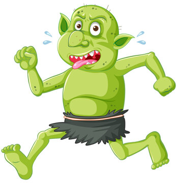 Green goblin or troll running pose with funny face in cartoon character isolated