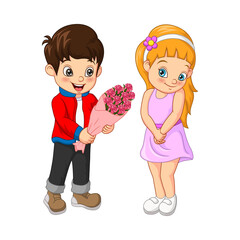 Cute boy giving lovely flower bouquet to a girl