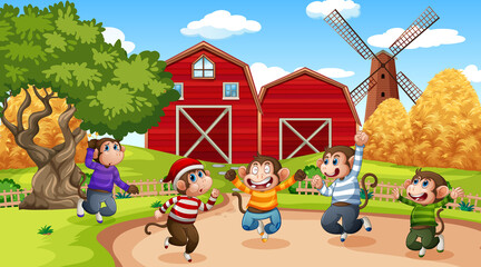 Farm with red barn and windmill scene