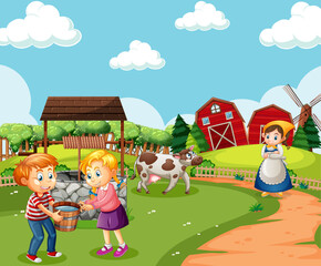 Farm with red barn and windmill scene