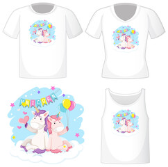 Cute unicorn logo on different white shirts isolated on white background