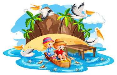 Fototapeta na wymiar Children row the boat in the stream beach scene on white background