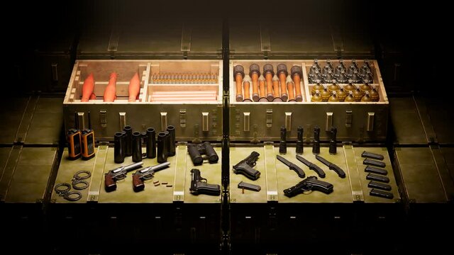 Weapons and military boxes full of ammunition. Army accessories. War equipment.