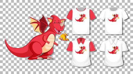 Dragon cartoon character with set of different shirts isolated on transparent background