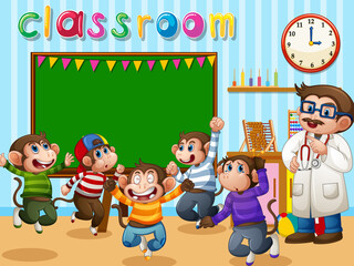 Five little monkeys jumping in the classroom with a doctor