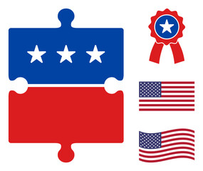 Puzzle item icon in blue and red colors with stars. Puzzle item illustration style uses American official colors of Democratic and Republican political parties, and star shapes.
