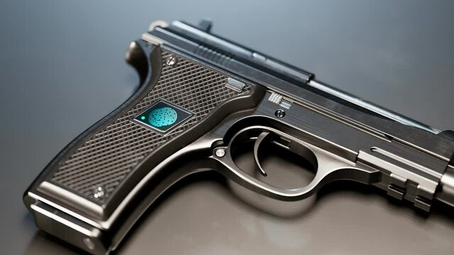 Handgun triggered with a fingerprint. Hi-tech smart gun lock. Fingerprint sensor