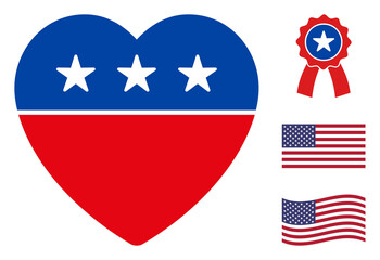 Love heart icon in blue and red colors with stars. Love heart illustration style uses American official colors of Democratic and Republican political parties, and star shapes.