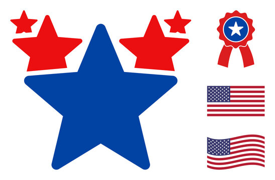 Hit parade icon in blue and red colors with stars. Hit parade illustration style uses American official colors of Democratic and Republican political parties, and star shapes.