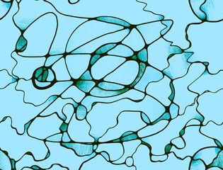 Seamless abstract pattern drawn with curved lines and circles and against a blue background.