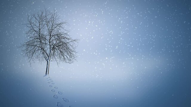 Lonely Tree in a Field of Snow 4K Loop features a field of snow with a tree silhouette with footprints in the snow in a blue haze with snowflakes falling in a loop
