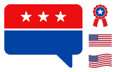 Chat message icon in blue and red colors with stars. Chat message illustration style uses American official colors of Democratic and Republican political parties, and star shapes.