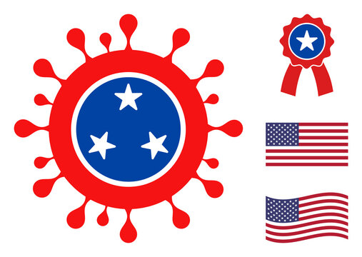 Covid virus icon in blue and red colors with stars. Covid virus illustration style uses American official colors of Democratic and Republican political parties, and star shapes.