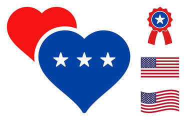 Lover hearts icon in blue and red colors with stars. Lover hearts illustration style uses American official colors of Democratic and Republican political parties, and star shapes.