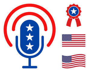 Podcast microphone icon in blue and red colors with stars. Podcast microphone illustration style uses American official colors of Democratic and Republican political parties, and star shapes.
