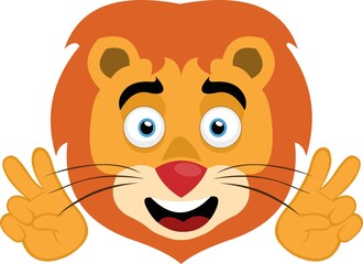 Vector emoticon illustration of a lion making gestures of love and peace