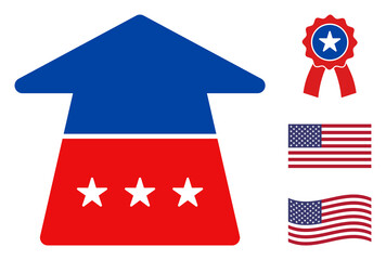 Ahead arrow icon in blue and red colors with stars. Ahead arrow illustration style uses American official colors of Democratic and Republican political parties, and star shapes.