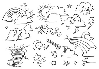 weather doodle vector set illustration with hand draw line art style vector, star, sun