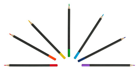 several colored pencils laid out by the rays of the sun, isolated on white background