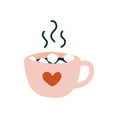 Hot Cocoa chocolate marshmallows drinks with love in Mug. Freehand drawing doodle style. Happy Valentines day decoration elements illustration. Comfort cozy warm relaxation romance Hygge greeting card