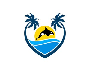 Love palm tree with beach wave and jumping whale inside