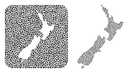 Map of New Zealand mosaic composed with rounded dots and cut out shape. Vector map of New Zealand mosaic of round dots in different sizes and silver color tones. Created for education projects.