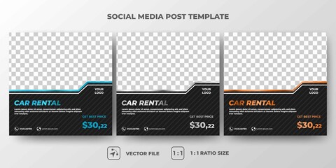 Set of Editable square banner template. Car rental banner with silver, orange, and blue frame color. Flat design vector with a photo collage. Usable for social media, banners, and web internet ads.