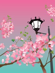 ピンクの花と街灯のある公園のレトロな風景イラスト