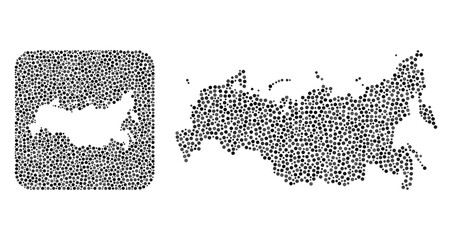 Map of Russia collage composed with round dots and subtracted shape. Vector map of Russia collage of round dots in variable sizes and silver color tones. Designed for education applications.
