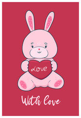 Cute valentine s day card with bunny toy. Vector graphics.