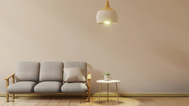 minimal interior design room with sofa, low table, Decoration plant and japan style design Hanging lamp light in wall.3D rendering interior design. Modern living room Japanese style.3D rendering