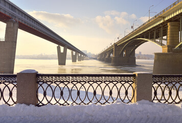 Bridges over the Ob in Novosibirsk. October and metro bridges with Michael's waterfront in the winter