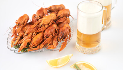 Crayfish-boiled river crayfish on a white background.Space for text.