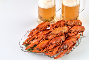 Crayfish-boiled river crayfish on a white background.Space for text.