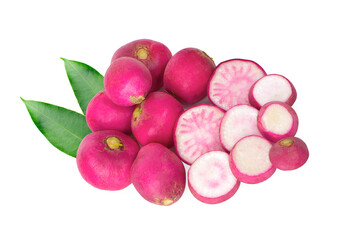 Small garden radish and slices an isolated on white background