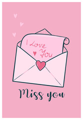 Cute valentine s day card with love letter. Vector graphics.
