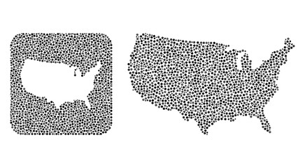 Map of USA collage designed with round points and subtracted space. Vector map of USA collage of circle spots in various sizes and gray color tints. Designed for education projects.