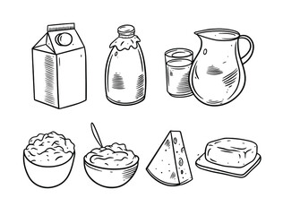 Milk product set. Hand drawing sketch vector illustration. Black color engraving style. Isolated on white background.