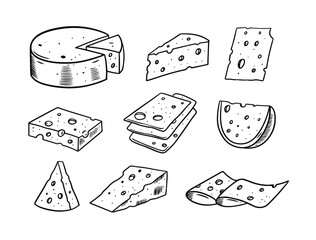 Cheese hand draw set. Black and white colors. Engraving style. Vector illustration isolated on white background.