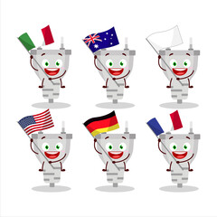 White plug cartoon character bring the flags of various countries