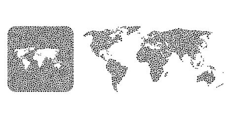 Map of world mosaic designed with circle points and subtracted shape. Vector map of world mosaic of round dots in different sizes and gray shades. Designed for abstract doctrines.