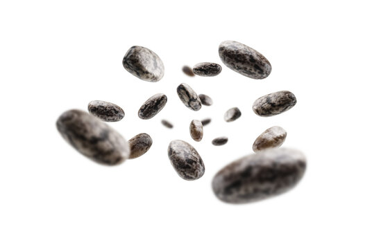 Chia seeds levitate on a white background