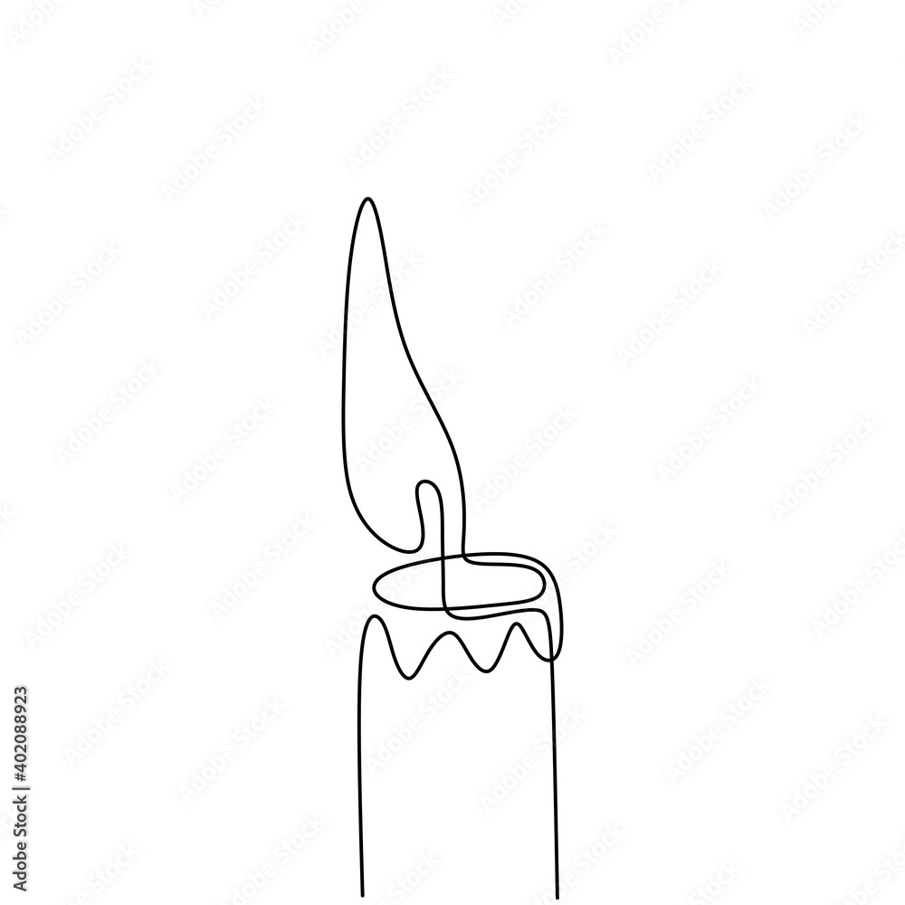 Wall mural One continuous line drawing of candle lighted. Burning fire and melting candle isolated on white background. Light in the dark concept black outline design. Minimalism style. Vector illustration