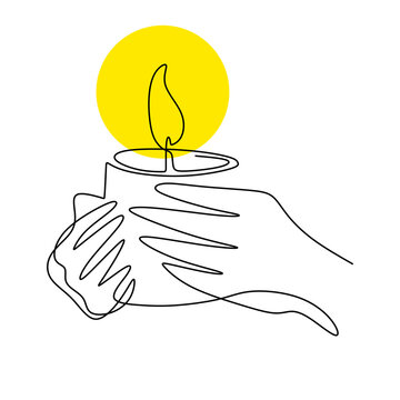 Continuous one line drawing of a hand holding burning candle. Human hands holding a memory candle. Melting wax candle in left hand. Vector minimalism design isolated on white background