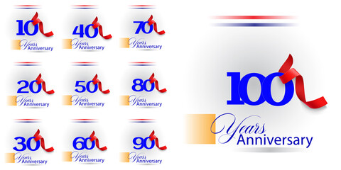 set 10, 20, 30, 40, 50, 60, 70, 80, 90, 100 Year Anniversary celebration Vector Template Design Illustration