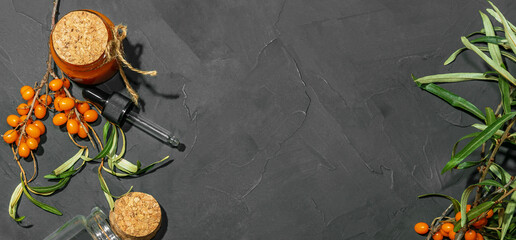 Obraz na płótnie Canvas Herbal medicine, cosmetology, personal care, sea buckthorn oil in a bottle with a pipette and a branch with ripe natural orange berries on a flatlay on a gray concrete background