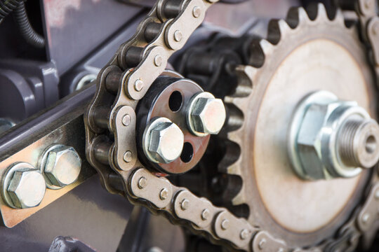 Metal Chain And Gear As Part Of Agricultural And Industrial Machine. Technology