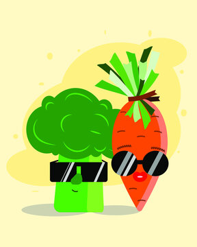 Vector image of healthy vegetables carrots and broccoli.
