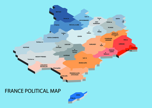 France political isometric map divide by state colorful outline simplicity style. Vector illustration.